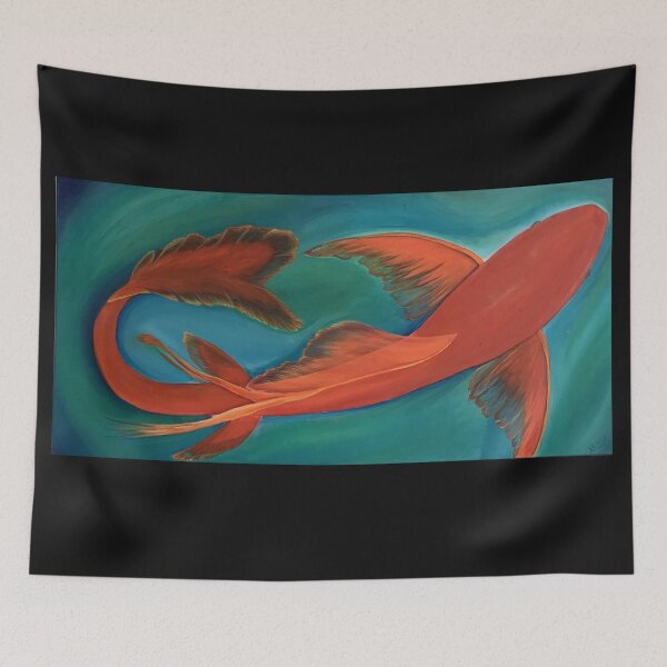 Item preview, Orange Butterfly Koi on Bluegreen background designed and sold by Xenia Blankinship.