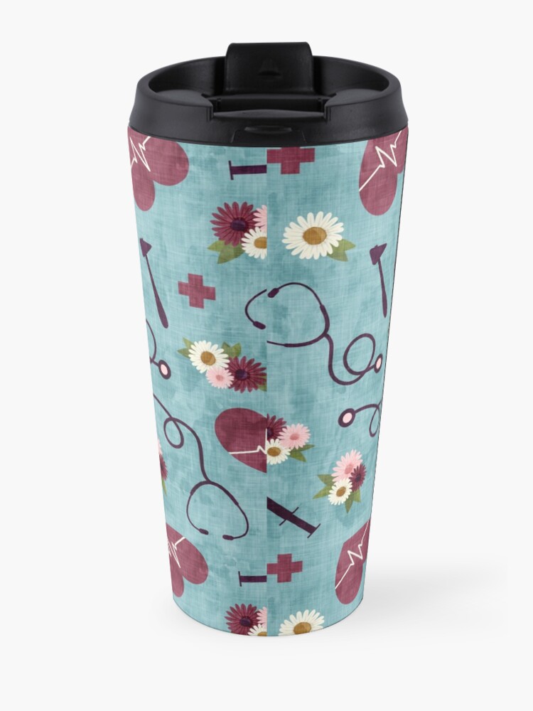 Alternate view of Floral Nursing - blue - Stethoscopes, heart beat, Otoscope Travel Mug