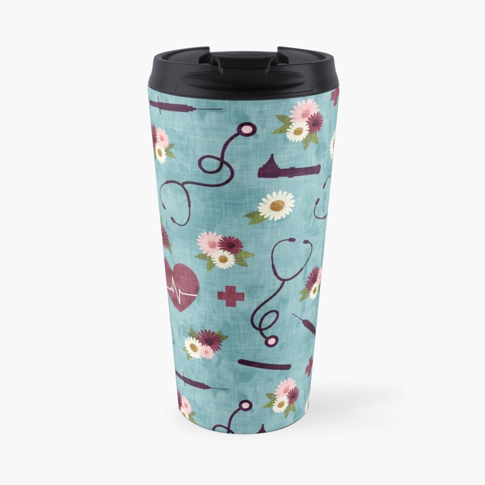 Floral Nursing - blue - Stethoscopes, heart beat, Otoscope Travel Mug