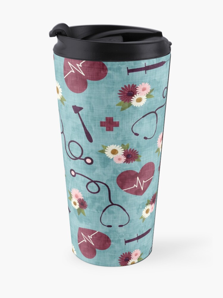 Alternate view of Floral Nursing - blue - Stethoscopes, heart beat, Otoscope Travel Mug