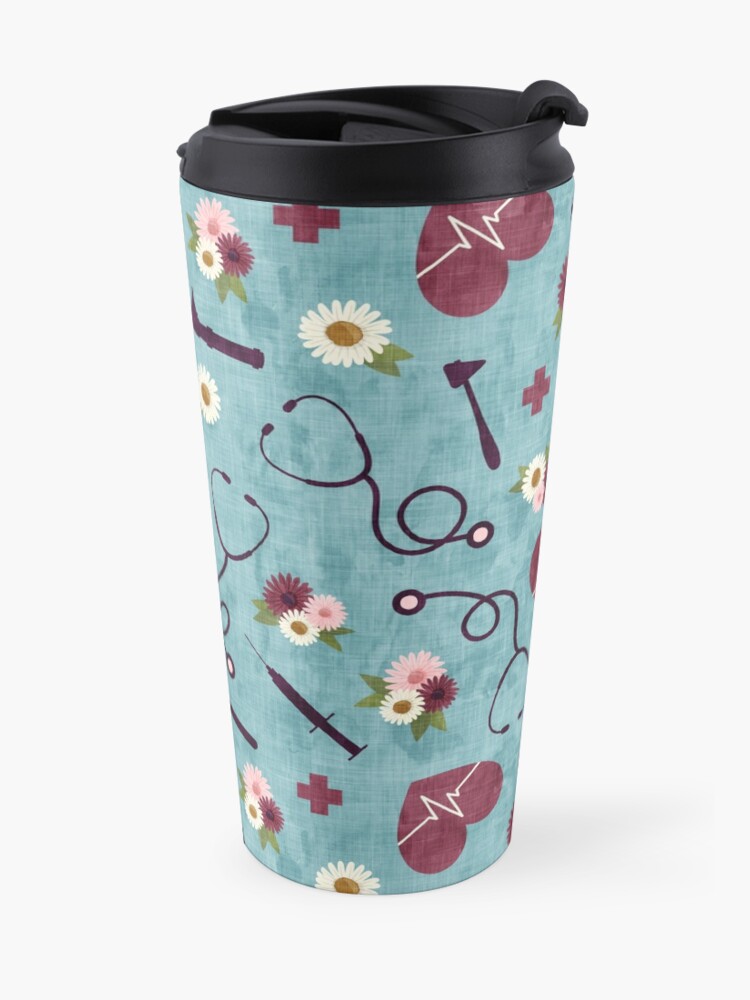 Alternate view of Floral Nursing - blue - Stethoscopes, heart beat, Otoscope Travel Mug