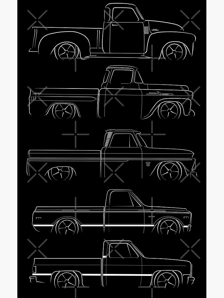 Disover Evolution of the Chevy Pickup - profile stencil, white | Canvas Print
