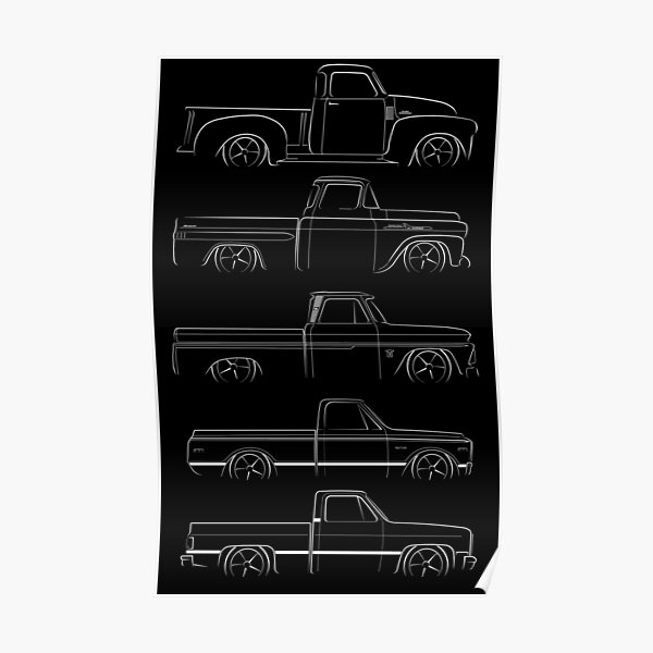 Evolution of the Chevy Pickup - profile stencil, white Poster