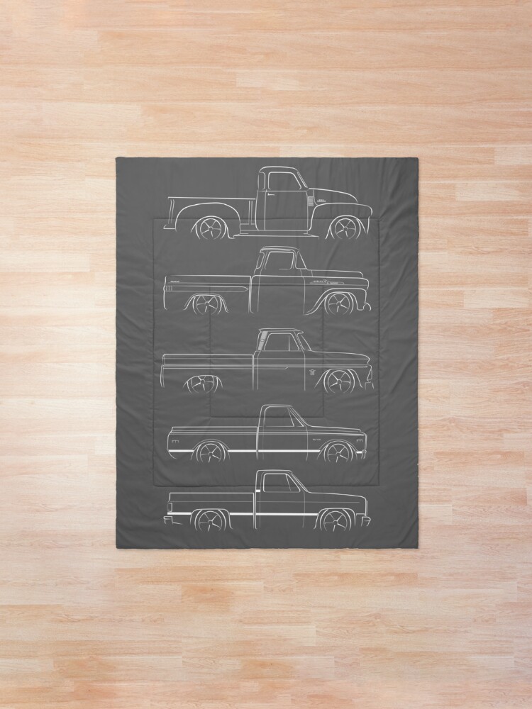 Alternate view of Evolution of the Chevy Pickup - profile stencil, white Comforter