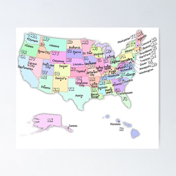 Item preview, USA Map with State Abbreviations and capital cities names designed and sold by mashmosh.