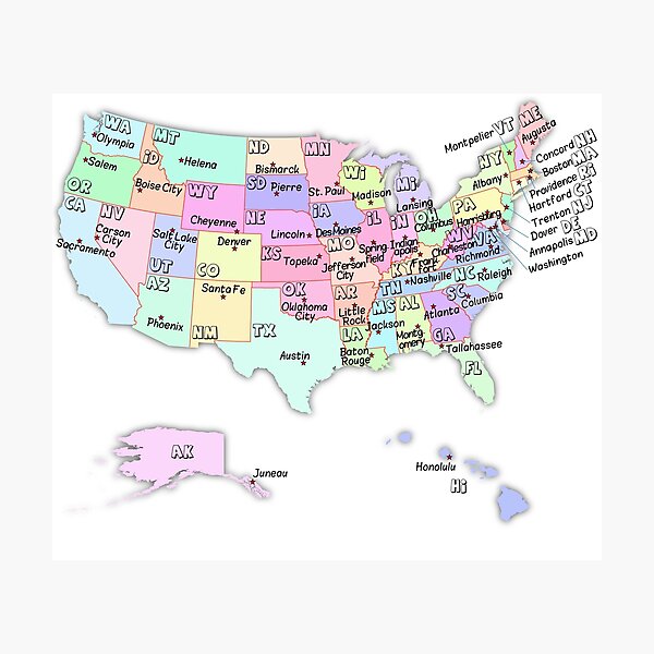 Item preview, USA Map with State Abbreviations and capital cities names designed and sold by mashmosh.