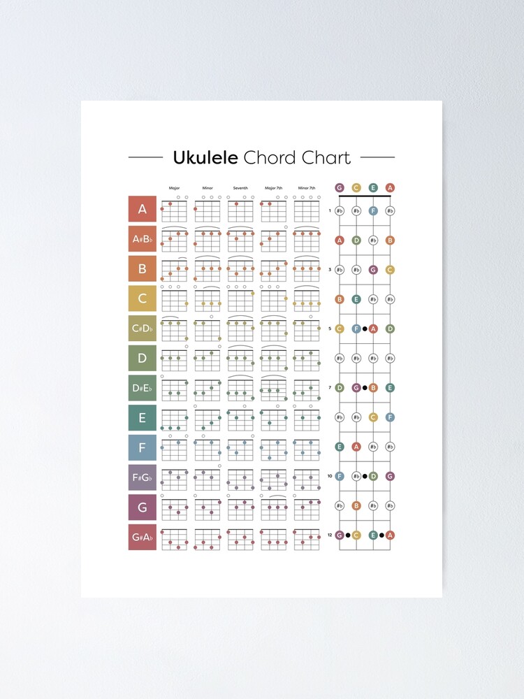 B-200 Ukulele Chord Chart Art Poster 36x24 18x12 