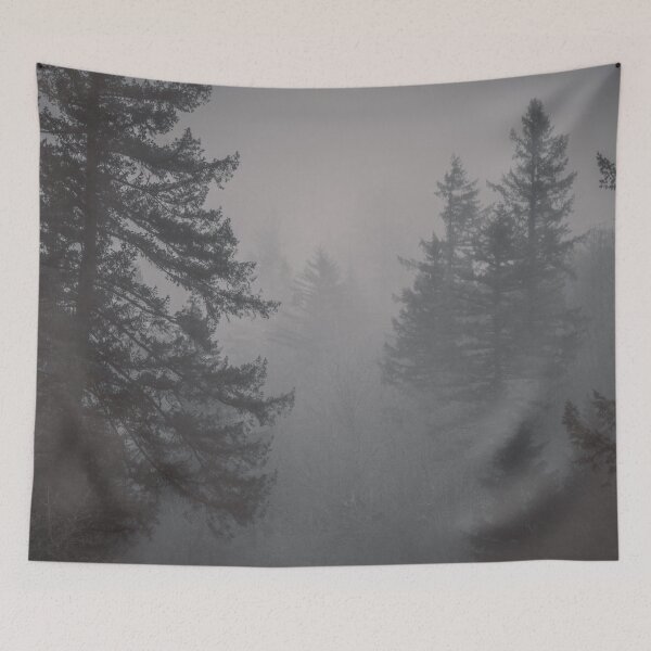 Item preview, Forest Fog - Black and White Trees on a Mountain Foggy Trees Mountains Forest Pacific Northwest Wall Tapestry designed and sold by artcascadia.