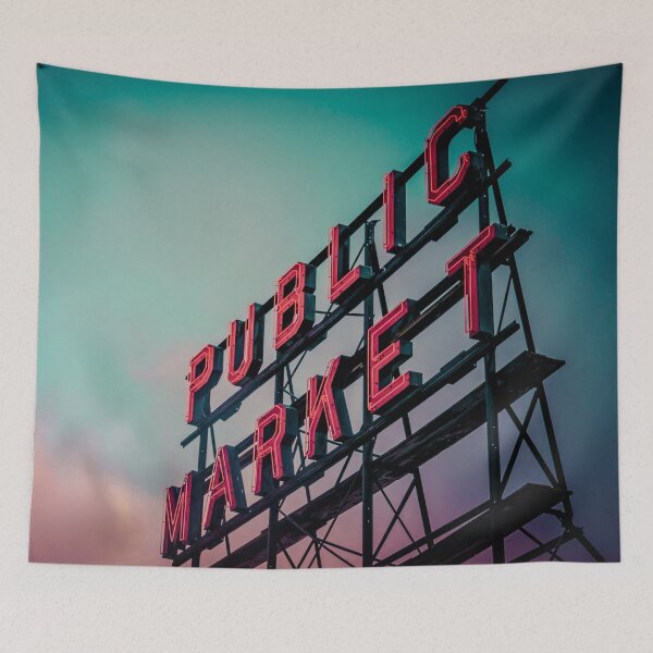 Item preview, City Architecture Sign Seattle Pike Place Market at Dawn Pacific Northwest City Salmon Washington Travel Vintage Teal Blue Pink Green designed and sold by artcascadia.