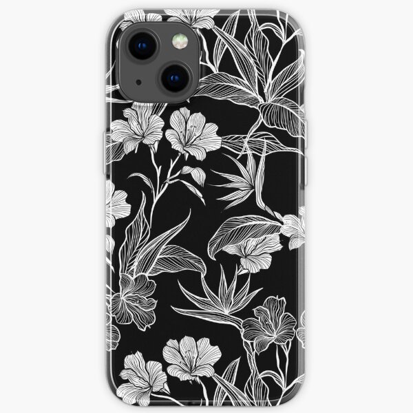 Botanical pattern of white flowers on a black background iPhone Soft Case