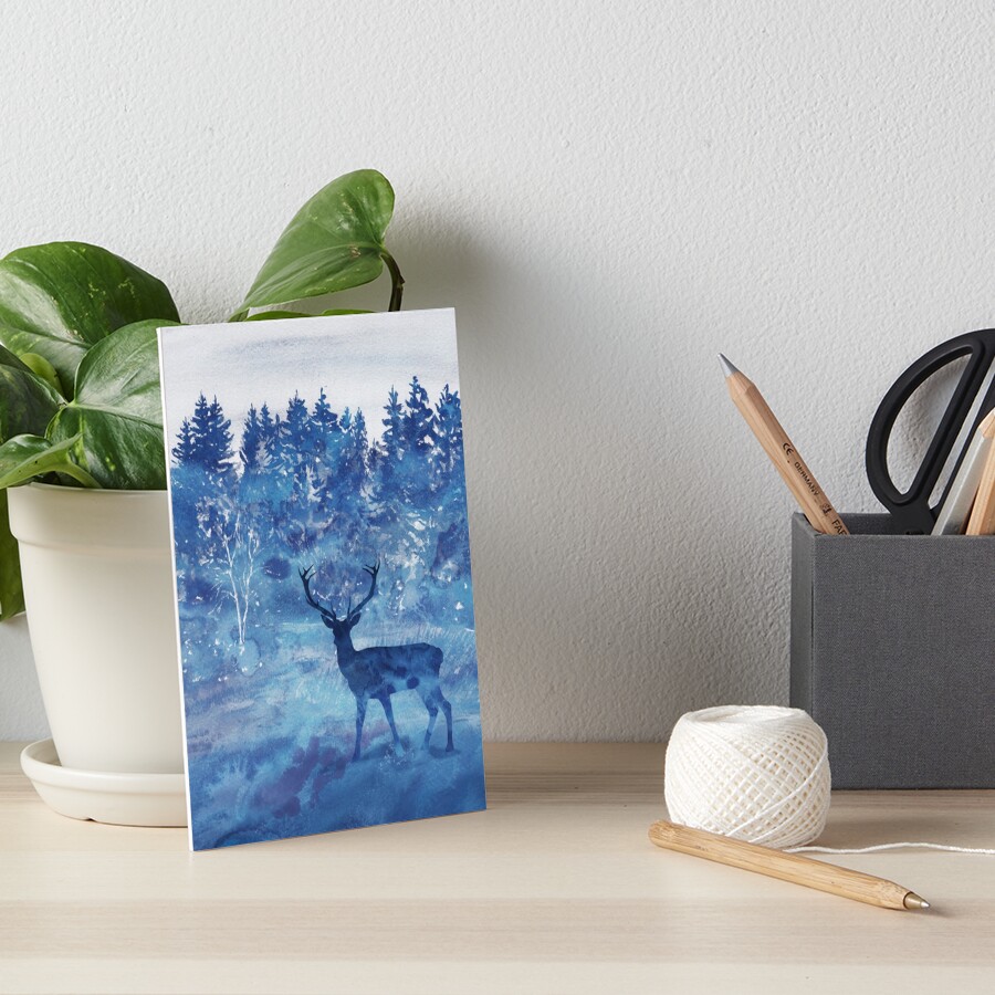 Winter Deer Buck Blue Watercolor Pine Trees Forest Landscape