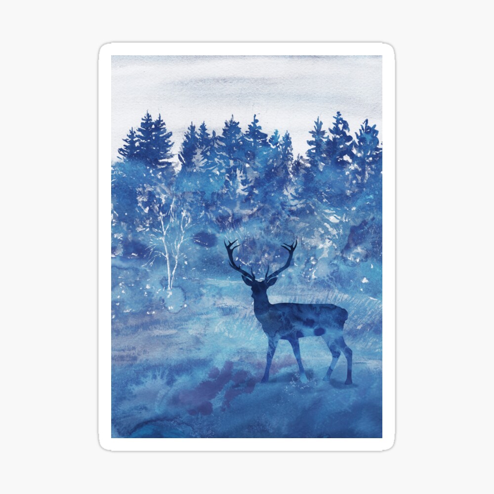 Winter Deer Buck Blue Watercolor Pine Trees Forest Landscape