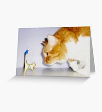 Humorous Big Cat Staring at Little Wooden Kitty Greeting Card