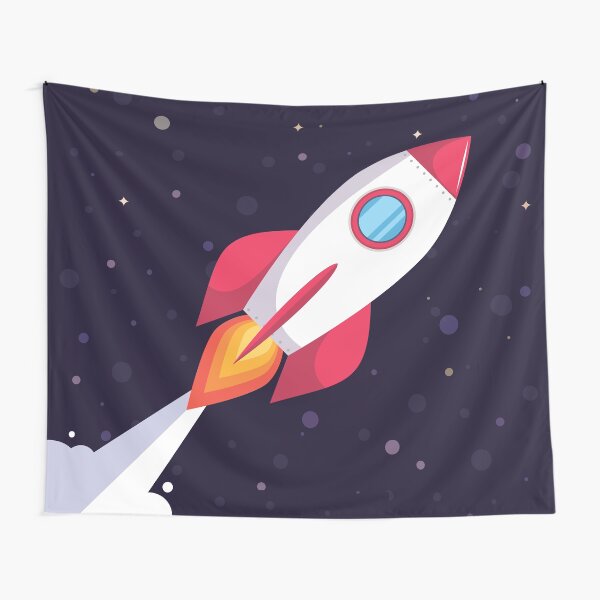 Rocket in dark blue outer space Tapestry
