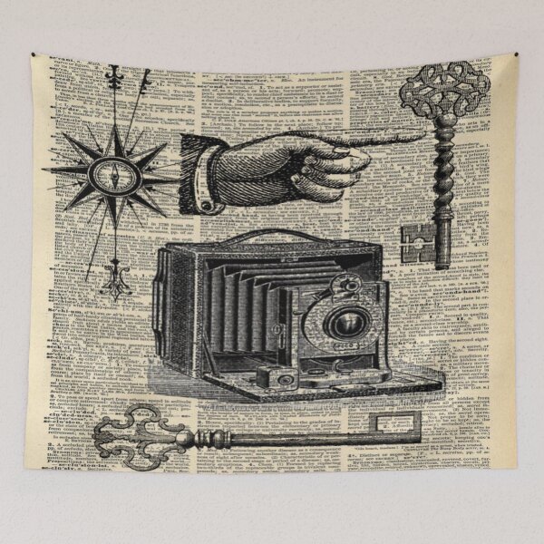 Item preview, Dark Academia dictionary print steampunk skeleton keys antique camera designed and sold by LEILA ART SPACE.