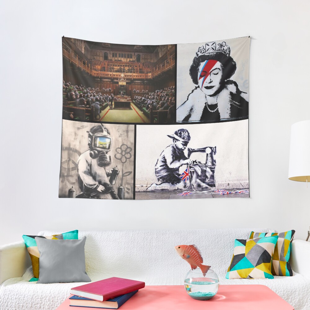 "Banksy Merchandise Banksy Art Montage 06" Tapestry for Sale by