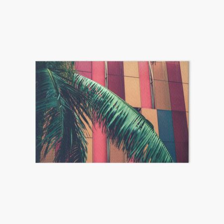 palm leaves hanging in front of an orange and red facade Art Board Print