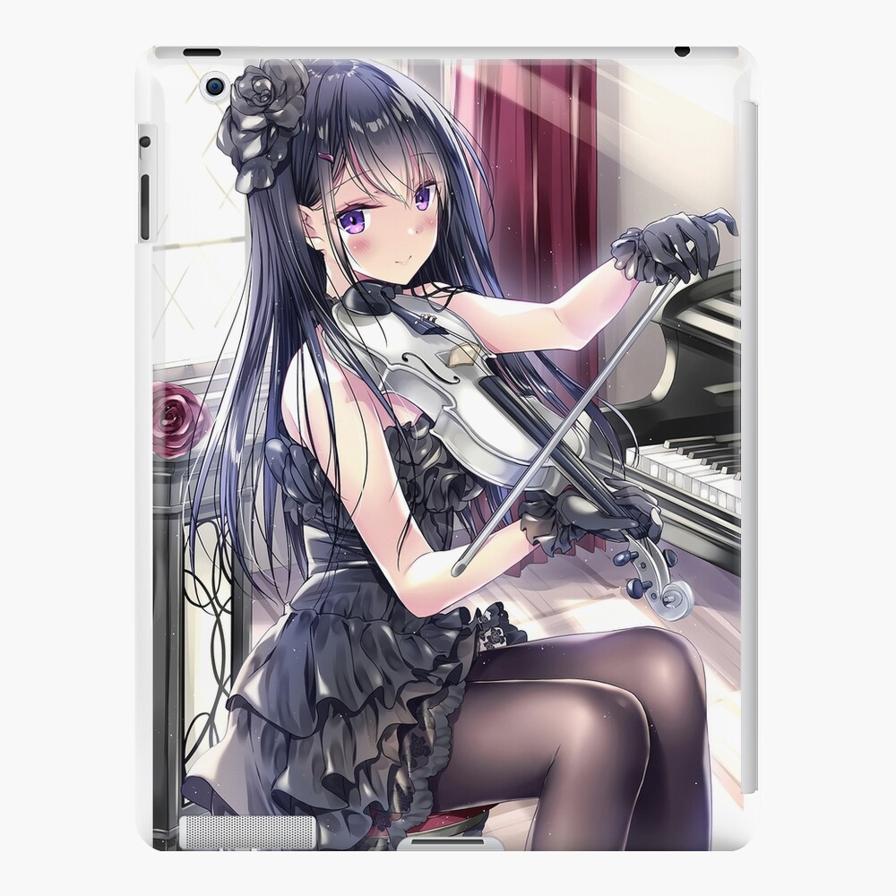Anime poster of young girl with long brown hair playing guitar in her cozy  bedroom, sun
