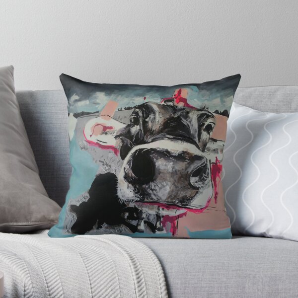 Cow close up & nose painting - I am clever no matter what they say Throw Pillow