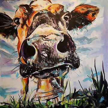 Artwork thumbnail, COW LUCY - cow close up, cow head painting, cow & cowbell, cow snout by ARTbubble