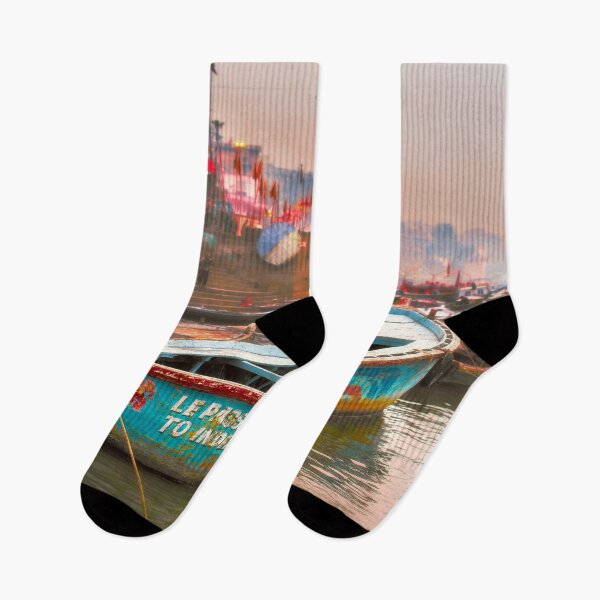 Item preview, Varanasi, boats on the ghat, Le Passage to India designed and sold by dombhai.