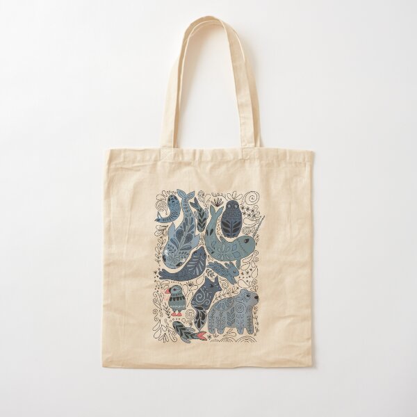 Arctic animals. Narwhal, polar bear, whale, puffin, owl, fox, bunny, seal. Cotton Tote Bag