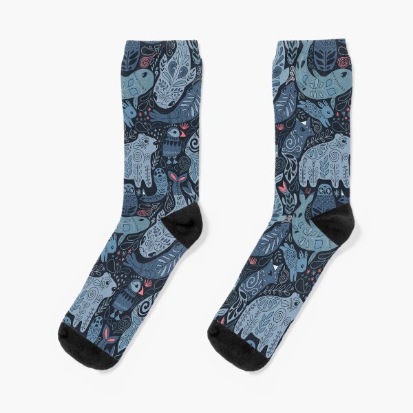 Arctic animals. Narwhal, polar bear, whale, puffin, owl, fox, bunny, seal. Socks