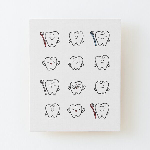 Funny teeth. Cute tooth art. Dentist pattern design. Wood Mounted Print