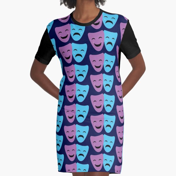 Blue and Purple Comedy and Tragedy Drama Masks Graphic T-Shirt Dress