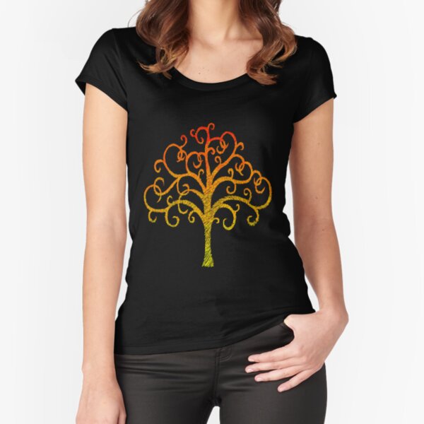 Orange and Yellow Fiery Burning Autumn Tree Illustration Fitted Scoop T-Shirt