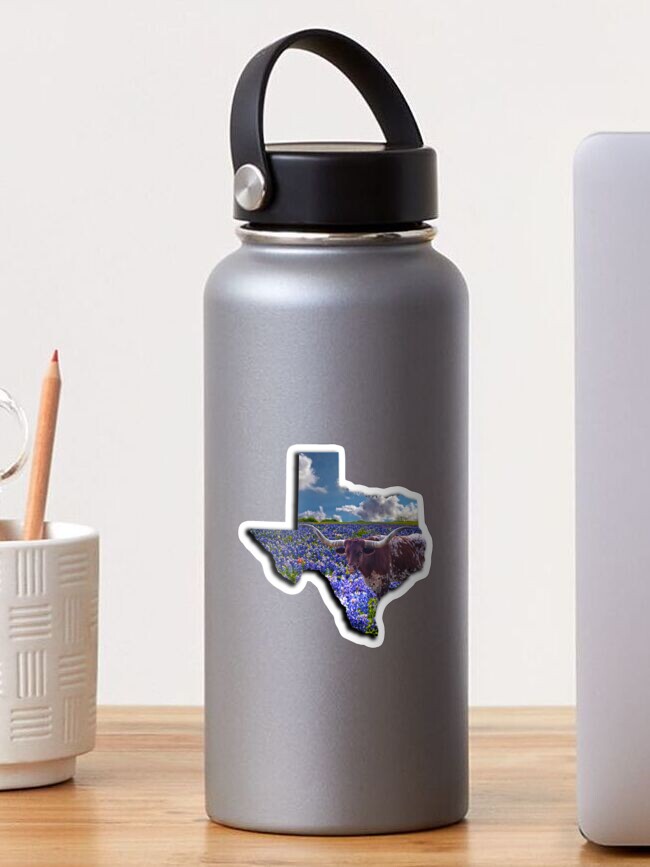 Sticker, Lone Star Pride - State of Texas Shape a Longhorn in a Field of Bluebonnets designed and sold by Warren Paul Harris