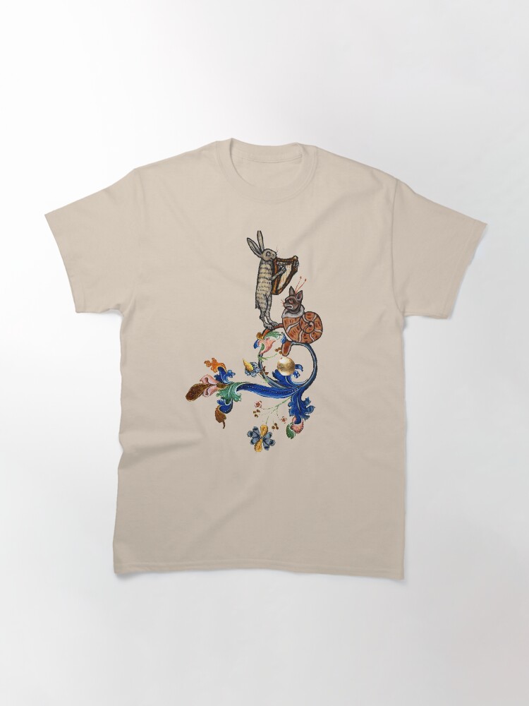 Alternate view of WEIRD MEDIEVAL BESTIARY MAKING MUSIC Harp Playing Hare And Snail Cat Classic T-Shirt