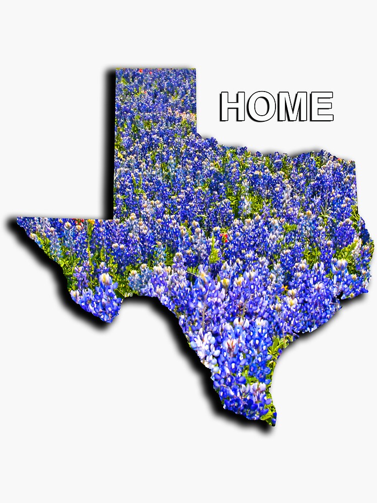 Thumbnail 3 of 3, Sticker, State of Texas Shape with Bluebonnets and the word HOME designed and sold by Warren Paul Harris.
