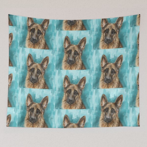 Item preview, Painting of a German Shepherd on Bright Blue Background designed and sold by ibadishi.