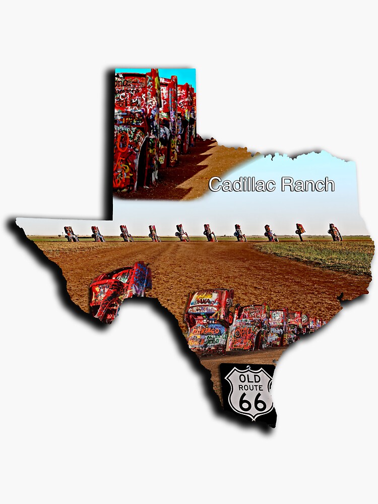 Artwork view, Cadillac Ranch on Route 66 - Texas Shape Filled with 3 Cadillac Ranch Images designed and sold by Warren Paul Harris