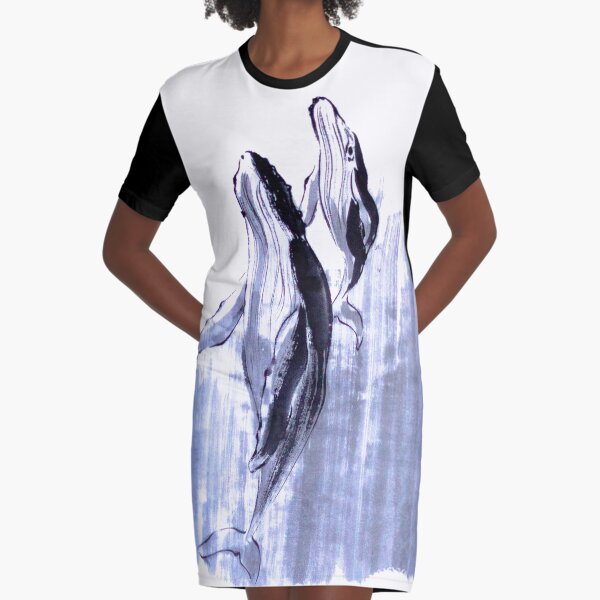 Humpback whale mom and baby sumie painting Graphic T-Shirt Dress