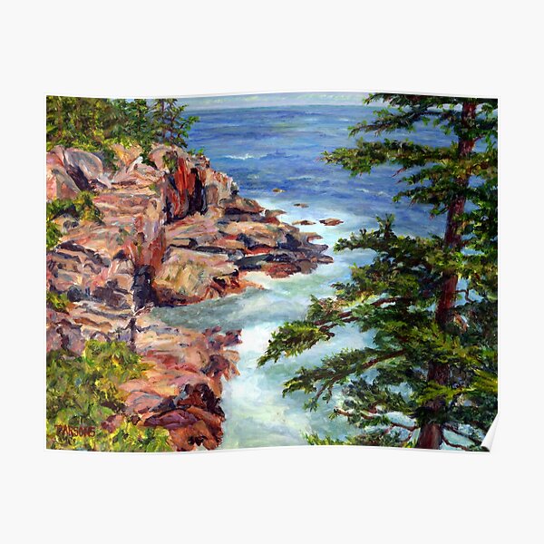 Thunder Hole, Arcadia National Park, Ocean island cliffs on the Maine Coast. From original oil painting by Pamela Parsons Poster