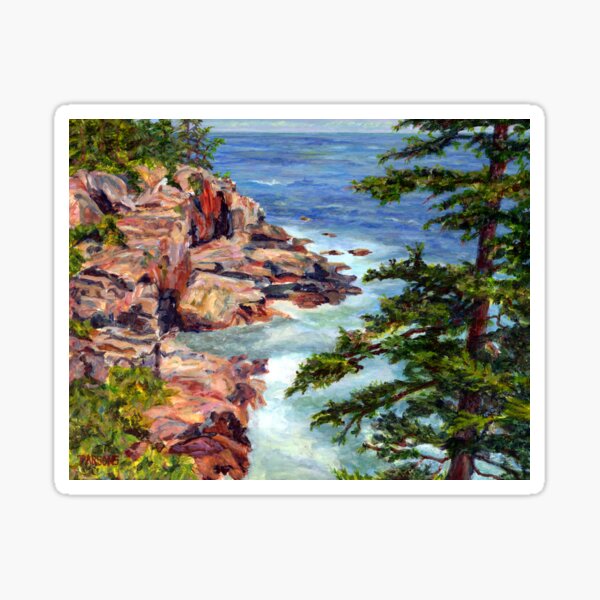 Thunder Hole, Arcadia National Park, Ocean island cliffs on the Maine Coast. From original oil painting by Pamela Parsons Sticker