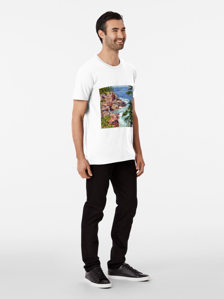 Alternate view of Thunder Hole, Arcadia National Park, Ocean island cliffs on the Maine Coast. From original oil painting by Pamela Parsons Premium T-Shirt