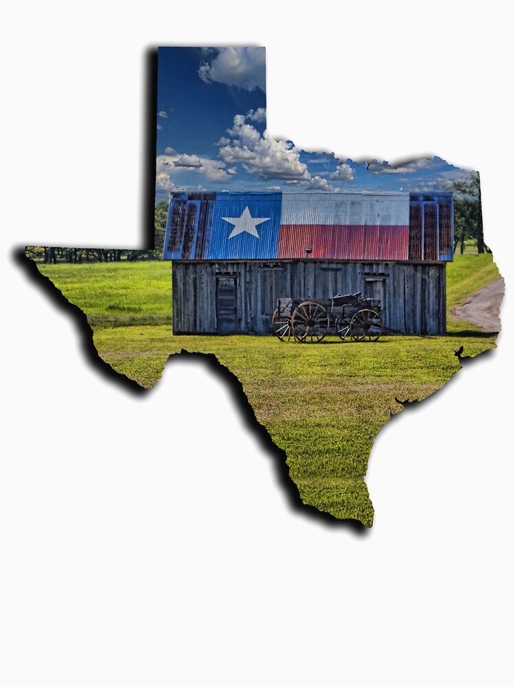 Artwork view, Lone Star Pride - Texas Shape Filled with Texas Flag Shed and Buckboard designed and sold by Warren Paul Harris