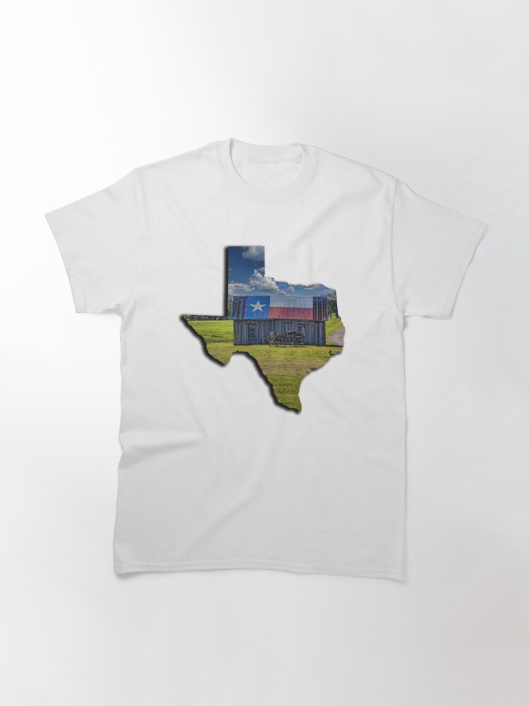 Thumbnail 2 of 7, Classic T-Shirt, Lone Star Pride - Texas Shape Filled with Texas Flag Shed and Buckboard designed and sold by Warren Paul Harris.