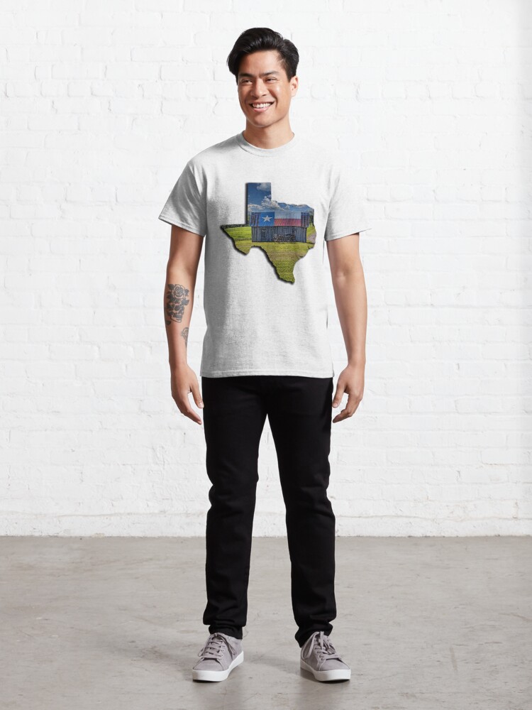 Thumbnail 3 of 7, Classic T-Shirt, Lone Star Pride - Texas Shape Filled with Texas Flag Shed and Buckboard designed and sold by Warren Paul Harris.