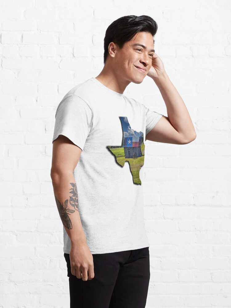 Thumbnail 5 of 7, Classic T-Shirt, Lone Star Pride - Texas Shape Filled with Texas Flag Shed and Buckboard designed and sold by Warren Paul Harris.