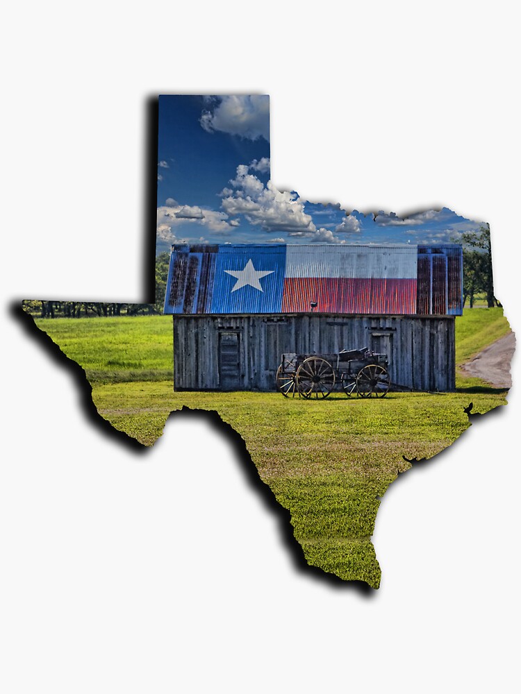 Thumbnail 3 of 3, Sticker, Lone Star Pride - Texas Shape Filled with Texas Flag Shed and Buckboard designed and sold by Warren Paul Harris.