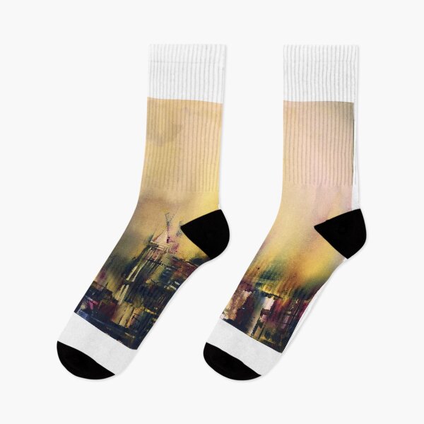 Item preview, Watercolor painting of skyline of downtown Raleigh, NC at sunrise. designed and sold by rfoxphoto.