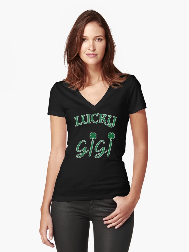 Thumbnail 1 of 3, Fitted V-Neck T-Shirt, Lucky Gigi St Patrick Day Grandma Shamrock gift. designed and sold by maxxexchange.