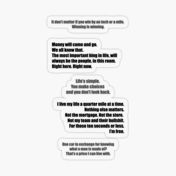 QUOTES from Fast and the Furious Transparent Sticker