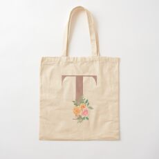 T Initial Rose Gold Floral ABC Alphabet Letters Cotton Tote Bag
