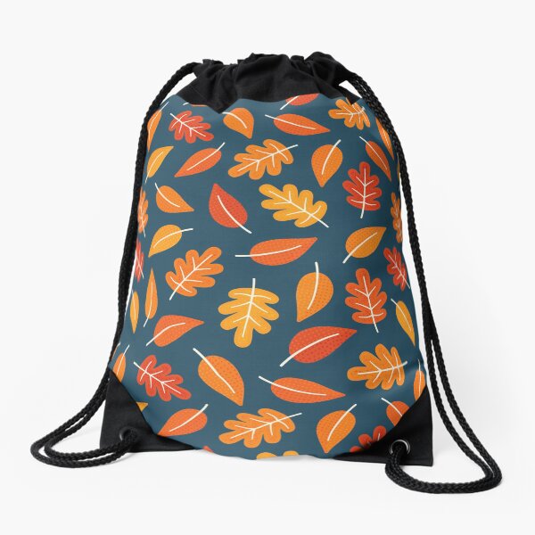 Retro Autumn Leaves on Indigo Blue Drawstring Bag