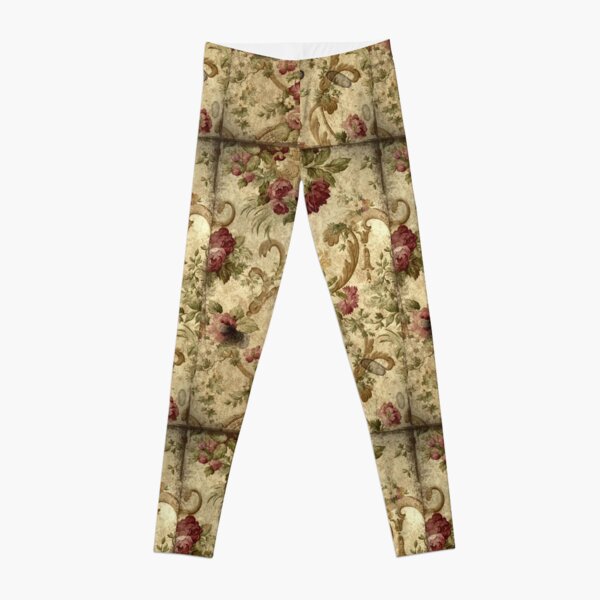 Vintage brocade, gold, crimson flowers fabric Leggings